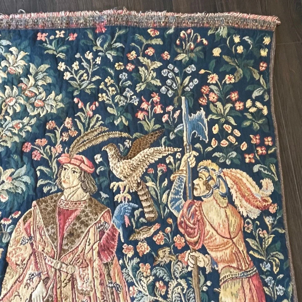 Vintage French Aubusson‎ Medieval Hunting  Millefleurs Woven Hanging Tapestry
